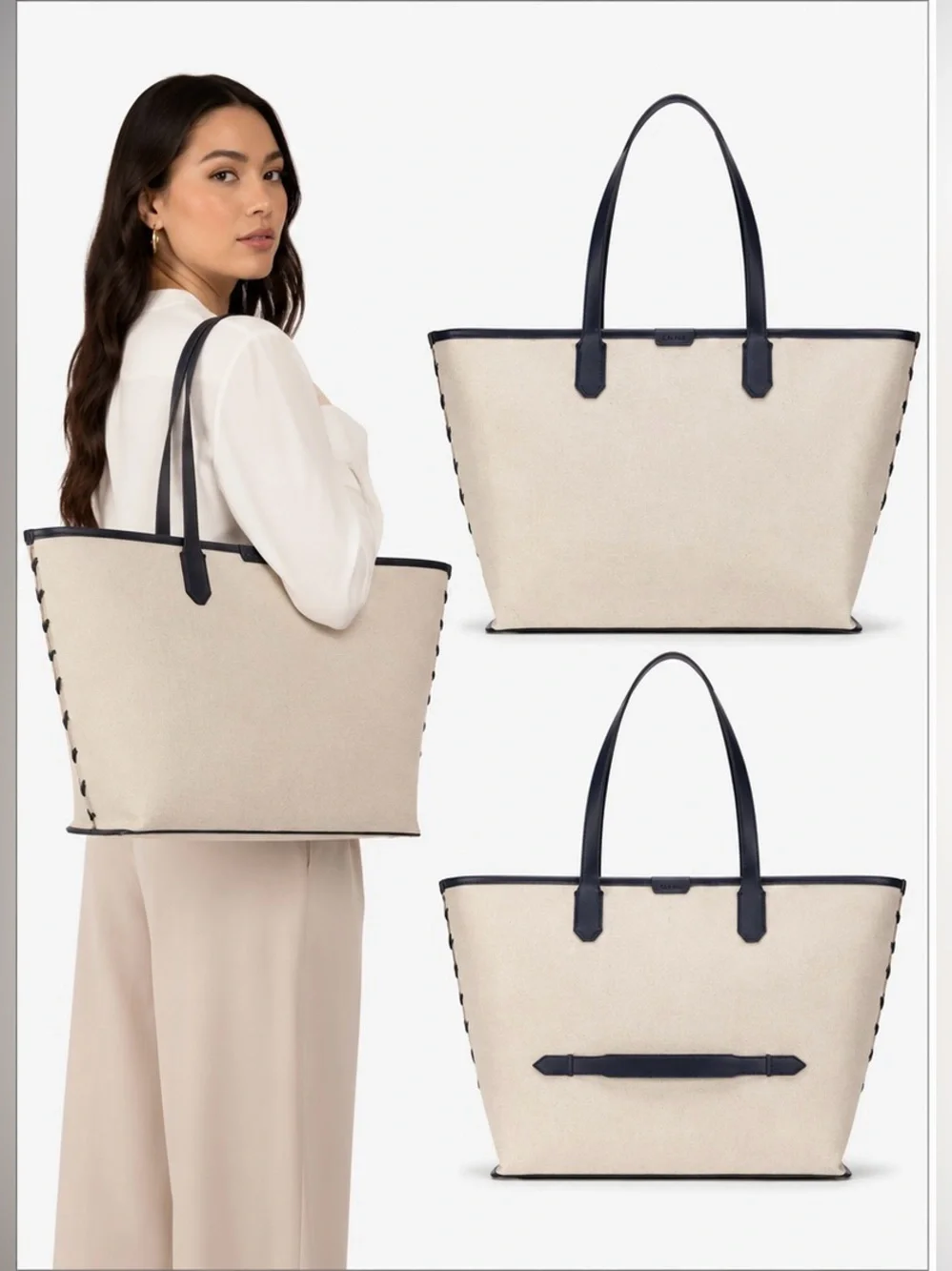 CALPAK Colette 15” Canvas Laptop Tote Natural Navy NWOT Work Travel Bag